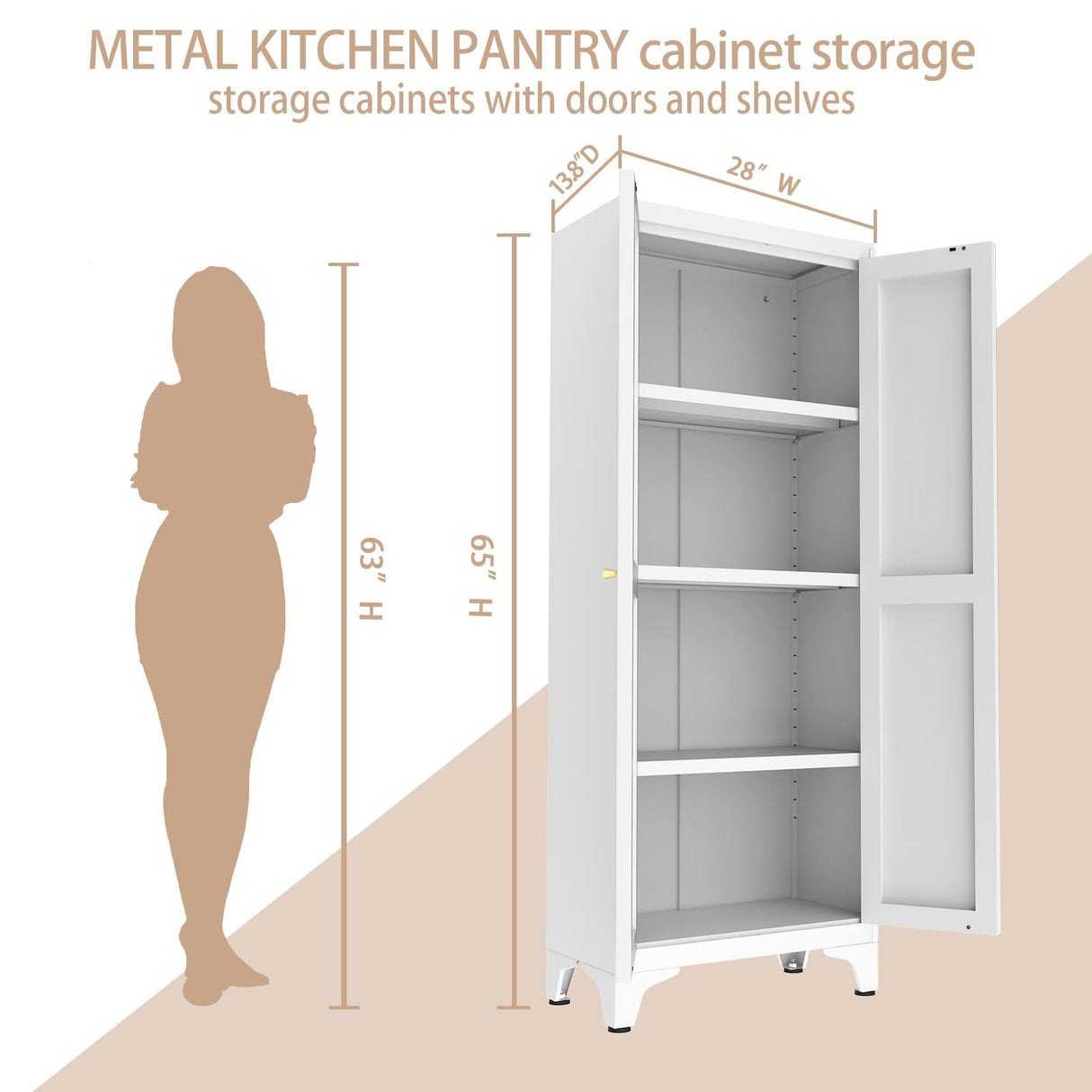 65" Tall Kitchen Cabinet,Food Pantry Cabinets with Doors and Adjustable Shelves,White Metal Storage Cabinets,Large and Portable Arganization Cabinet for Pantries Kitchen Living Room Bathroom Vaernevy