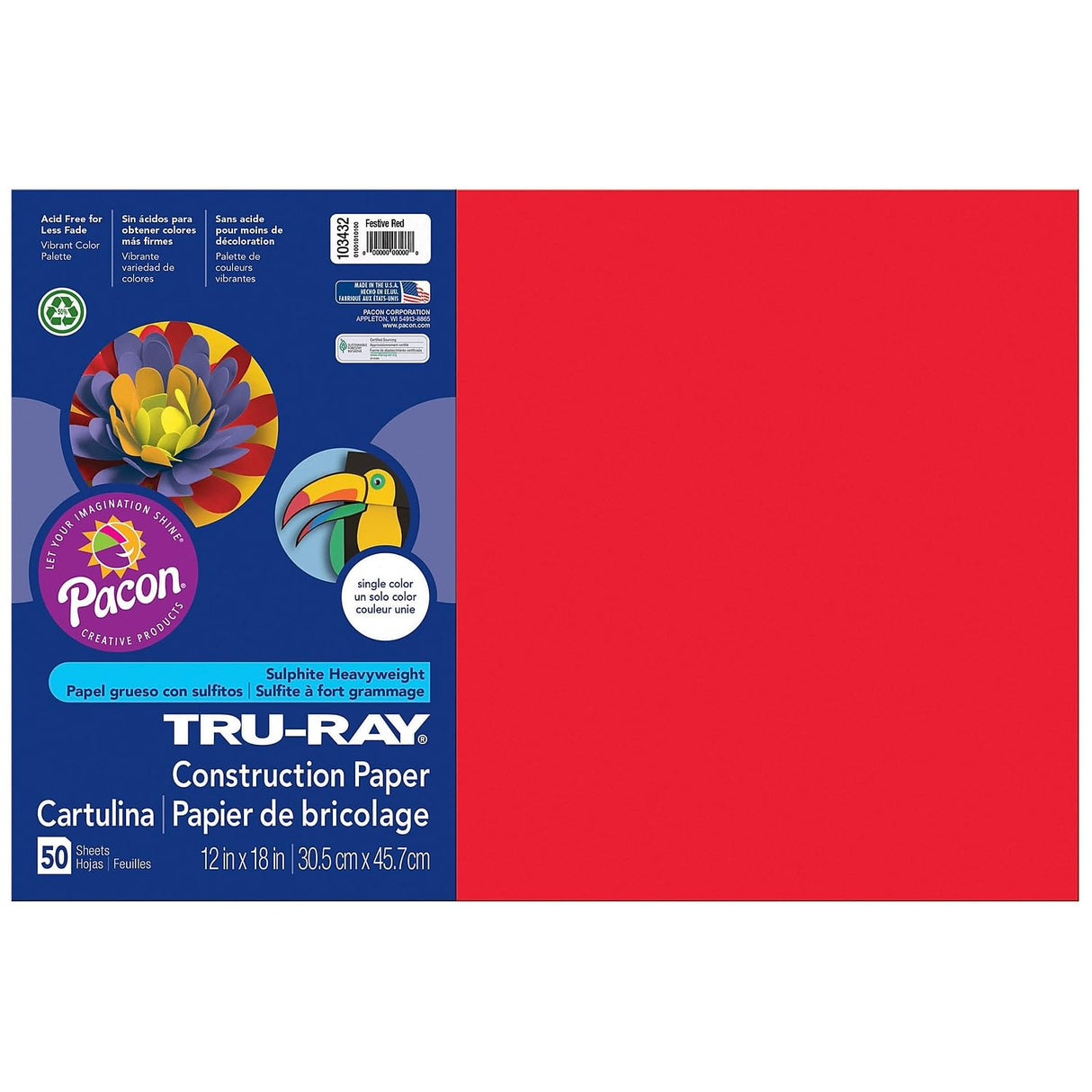 Tru-Ray® Construction Paper, Festive Red, 12" x 18", 50 Sheets Per Pack, 5 Packs Tru-Ray
