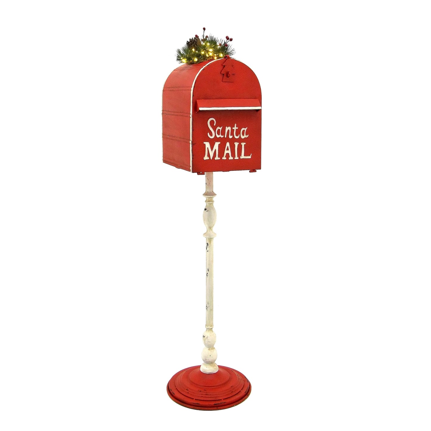 42" Tall Metal Standing Santa's Mail Christmas Mailbox with Light-up LED Wreath (Red Top)