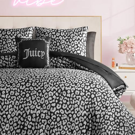 Juicy Couture Modern Black Leopard Satin King Comforter Set - Luxury Bed in a Bag – Soft & Stylish 8-Piece Bedding Collection Juicy Couture