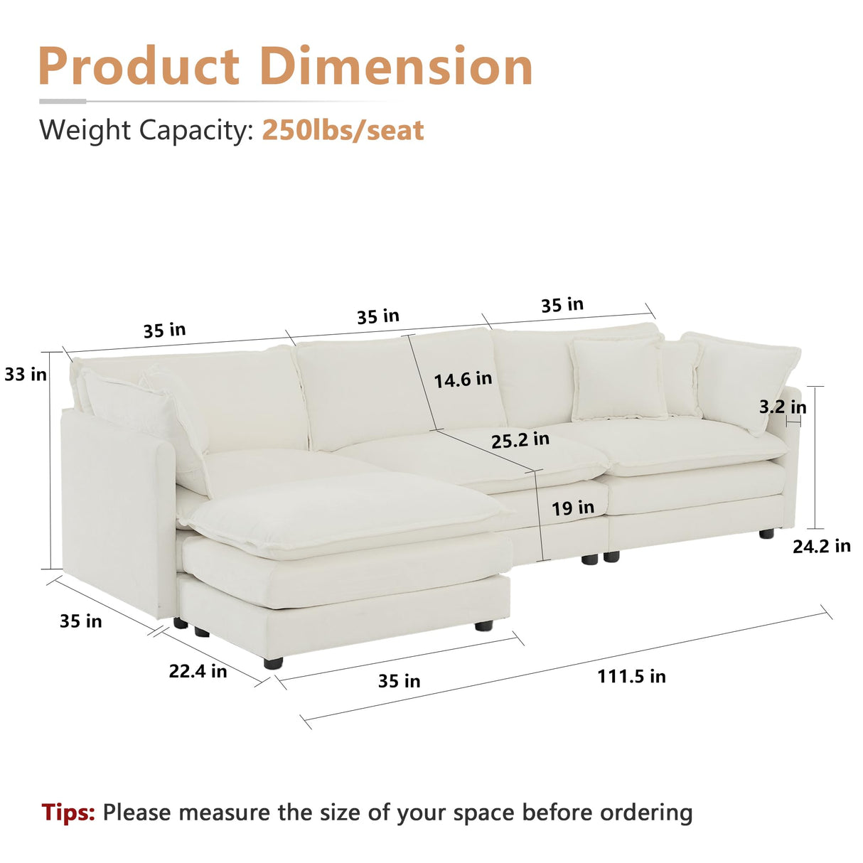 mikibama Modular Sectional Sofa, 111.5" L Shaped Couch Set for Living Room, 3-Seater Comfy Cloud Couches with Movable Ottoman, DIY Combination, Chenille, Beige mikibama