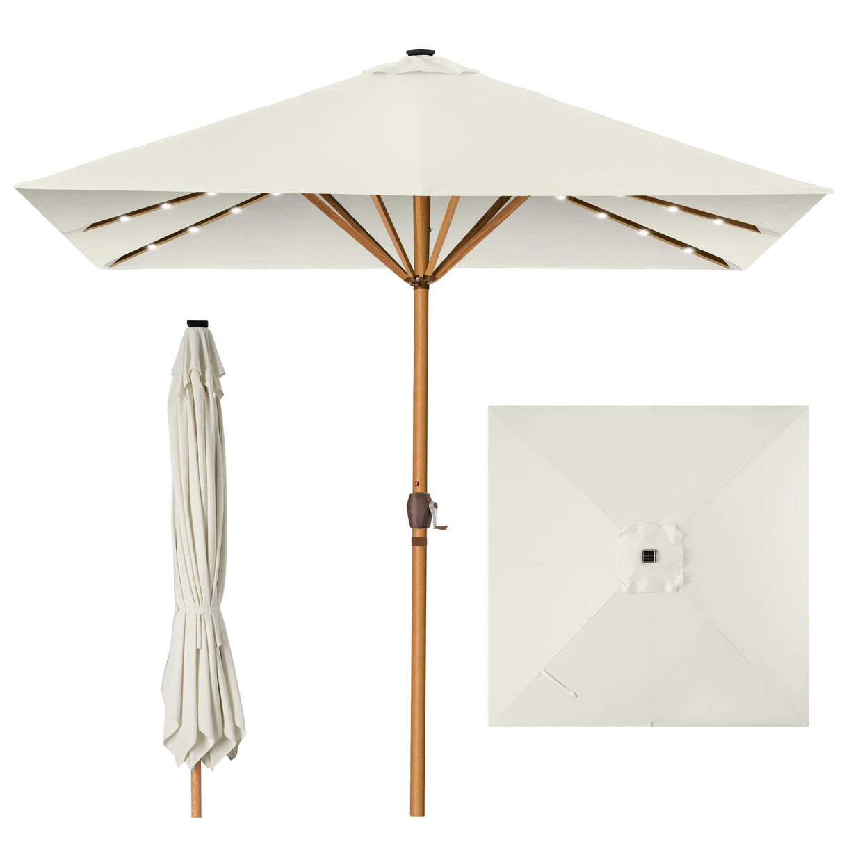 Best Choice Products 9ft Deep Square Solar Powered LED Lighted Patio Umbrella w/Faux Wood Texture, UV-Resistant Fabric, Hand Crank - Ivory Best Choice Products