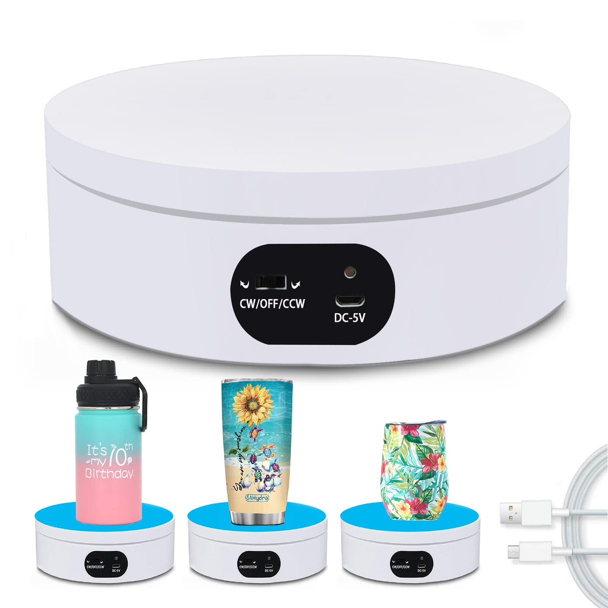 YVV Turner Cup Rotating Display Stand for Epoxy Glitter Tumbler, 360 Degree Automatic Mute Rotating Turntable for Photography Products and Shows. Bling Bling Tumbler Making Supplies Spinner White USB YVV