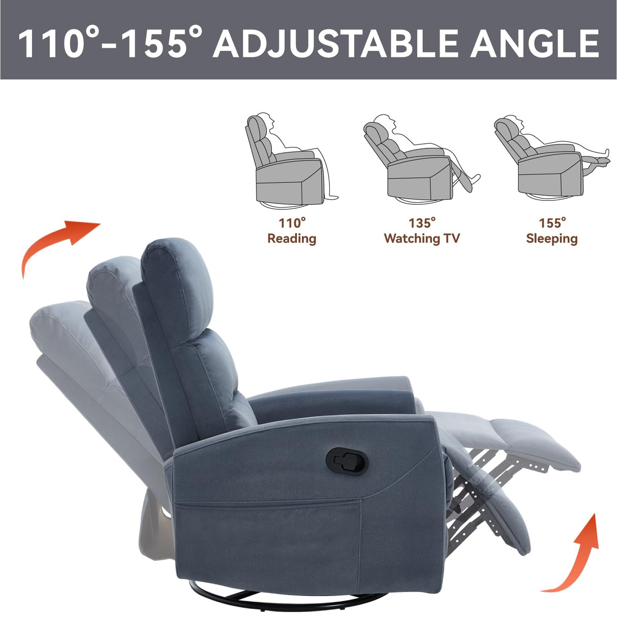 PELUMY Manual Recliner Chair with 360° Swivel & Rocking, Fabric Recliner for Living Room, Bedroom, Nursery, No Tools Assembly, 155° Recline, Compact for Small Spaces（Blue Grey） PELUMY