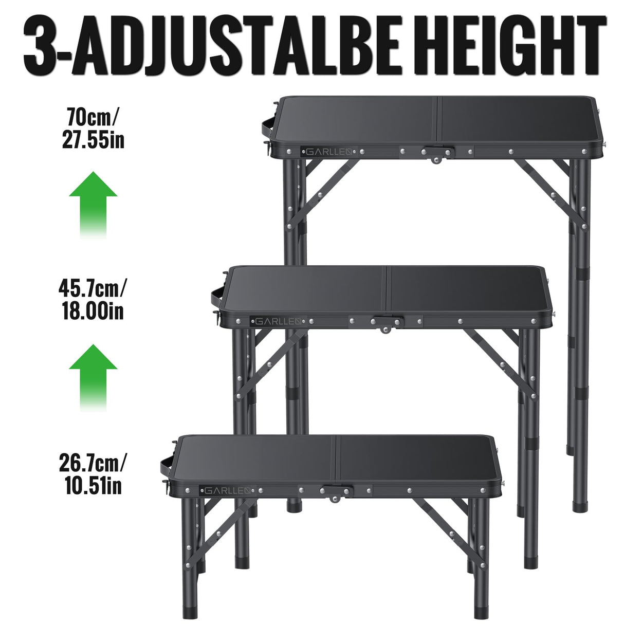 GARLLEN 2ft Folding Camping Table, 3 Adjustable Height Lightweight Picnic Table, Portable Aluminum Grill Table (22.8" L x 15.7" W) for Outdoor, Camping, BBQ, Black GARLLEN