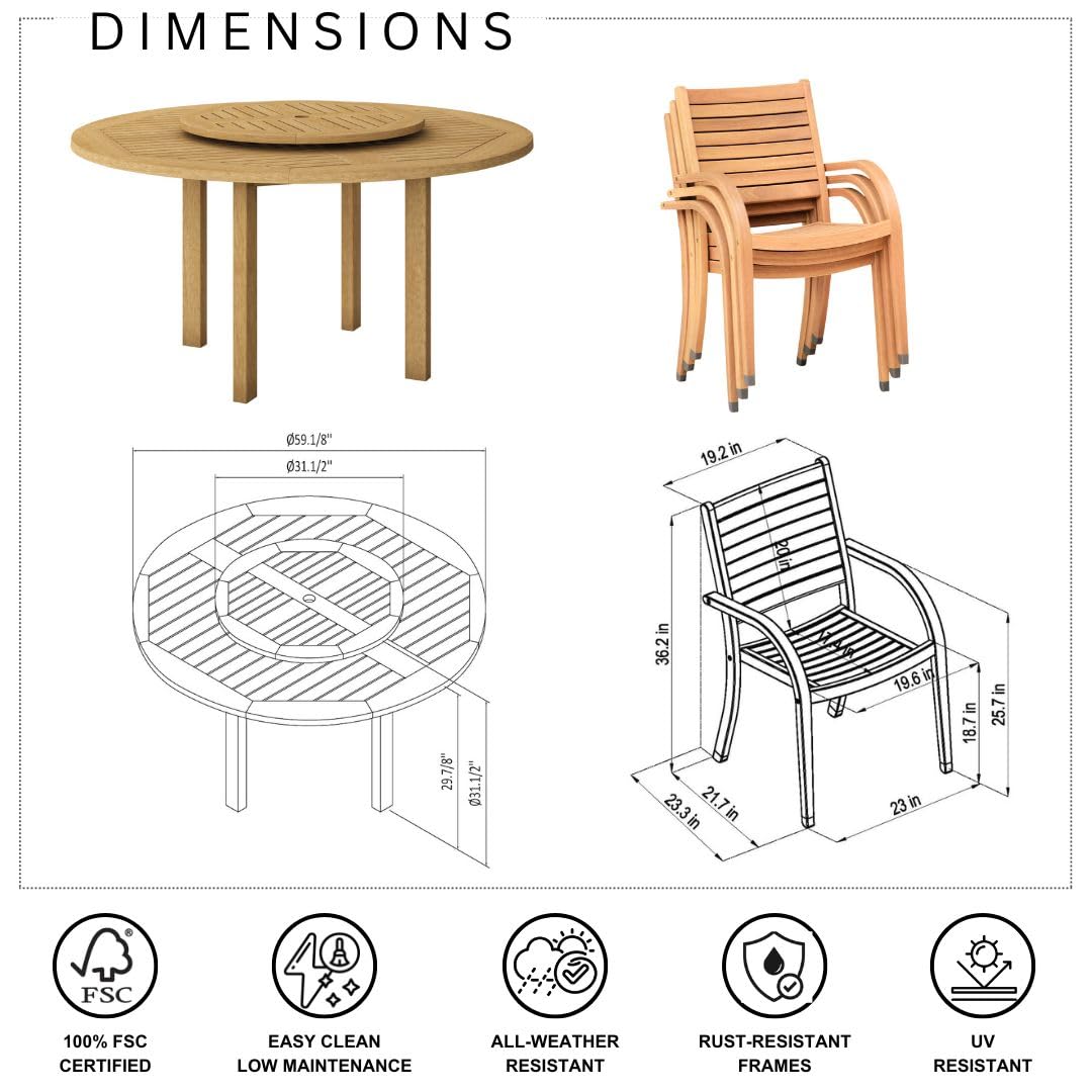 Amazonia Powell 7-Piece Wood Patio Dining Set | Round Eucalyptus Table with Lazy Susan | Ideal for Outdoors Amazonia