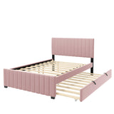 Full Bed Frame with Trundle Bed,Velvet Upholstered Platform Bed Frame,Full Size Trundle Bed with Headboard for Kids Teens Adults(Pink) Bellemave