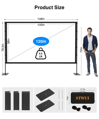 Outdoor-Projector-Screen-with-Stand - 120 inch Portable Projector Screen Indoor Outdoor Projector Screen 16:9 4K HD Lightweight Movie Screen with Carry Bag for Backyard Movie Night