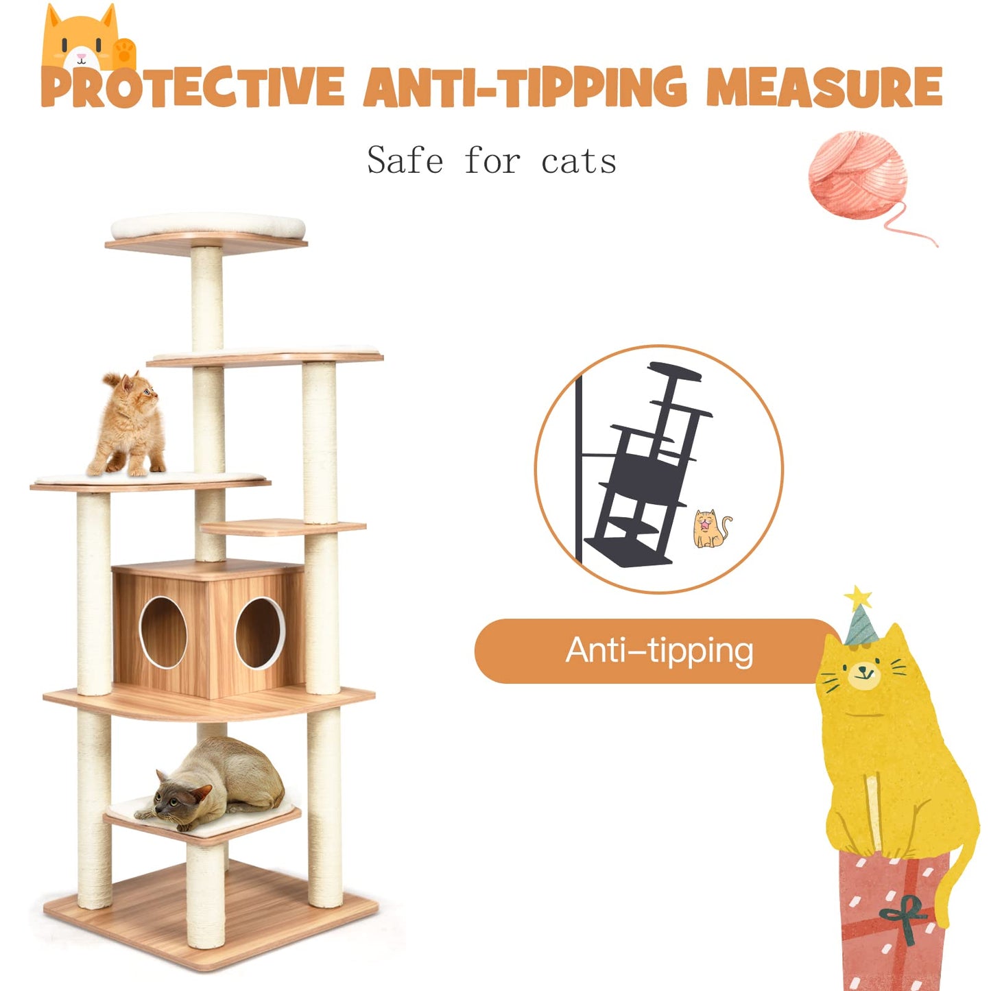 PETSITE Tall Cat Tree for Indoor Cats, 69 Inches Multi-Level Modern Cat Tower with Plush Perch, Cozy Condo, Platforms, Sisal Scratching Posts, EVA Massage Comb & Removable Cushions (Natural) - WoodArtSupply