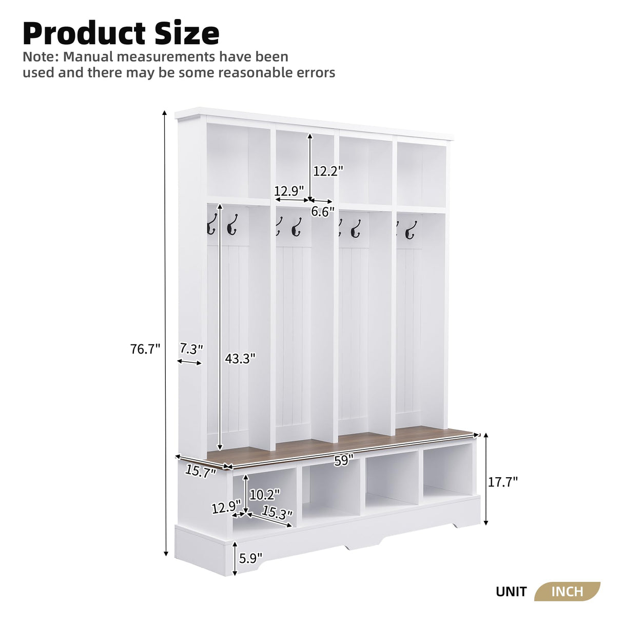 Merax 59" W Hall Tree,Farmhouse Entryway Storage and Wood Coat Rack, Entryway Furniture with 8 Hooks, Hall Tree with Bench and Shoe Storage, Rustic White Merax