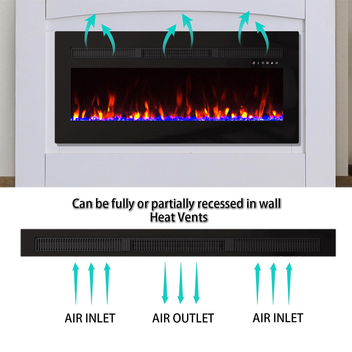 Panana Electric Fireplace Heater Wall Mounted, 50 inch Wide Recessed Electric Fireplace, 1400W, 8H Timer, 20 Color Flame, Remote Control, Log Set & Crystal Panana