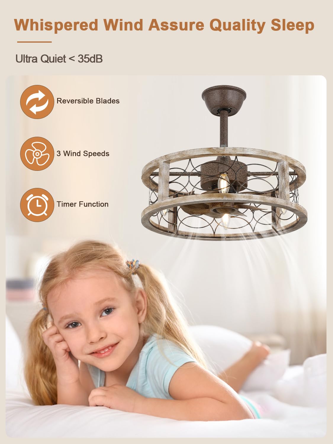 Curve Curio Caged Ceiling Fans with Lights, 18 Inch Farmhouse Ceiling Fans with Lights and Remote, Rustic Industrial Fandelier Ceiling Fan Enclosed for Bedroom Curve Curio