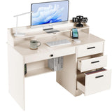Catrimown Computer Desk with Drawers and Hutch, Farmhouse Home Office Desk Writing Table Wood Executive Desk Student Desk with File Drawer for Bedroom, Small Space, Milky White Catrimown