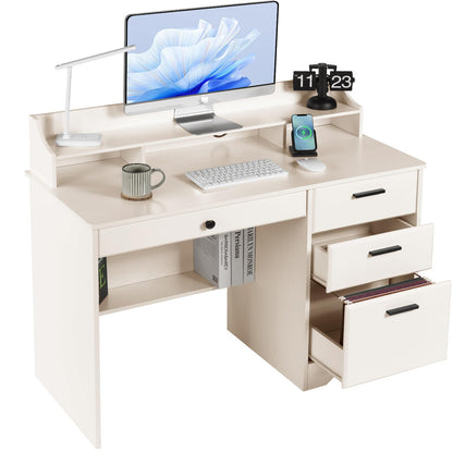 Catrimown Computer Desk with Drawers and Hutch, Farmhouse Home Office Desk Writing Table Wood Executive Desk Student Desk with File Drawer for Bedroom, Small Space, Milky White - WoodArtSupply