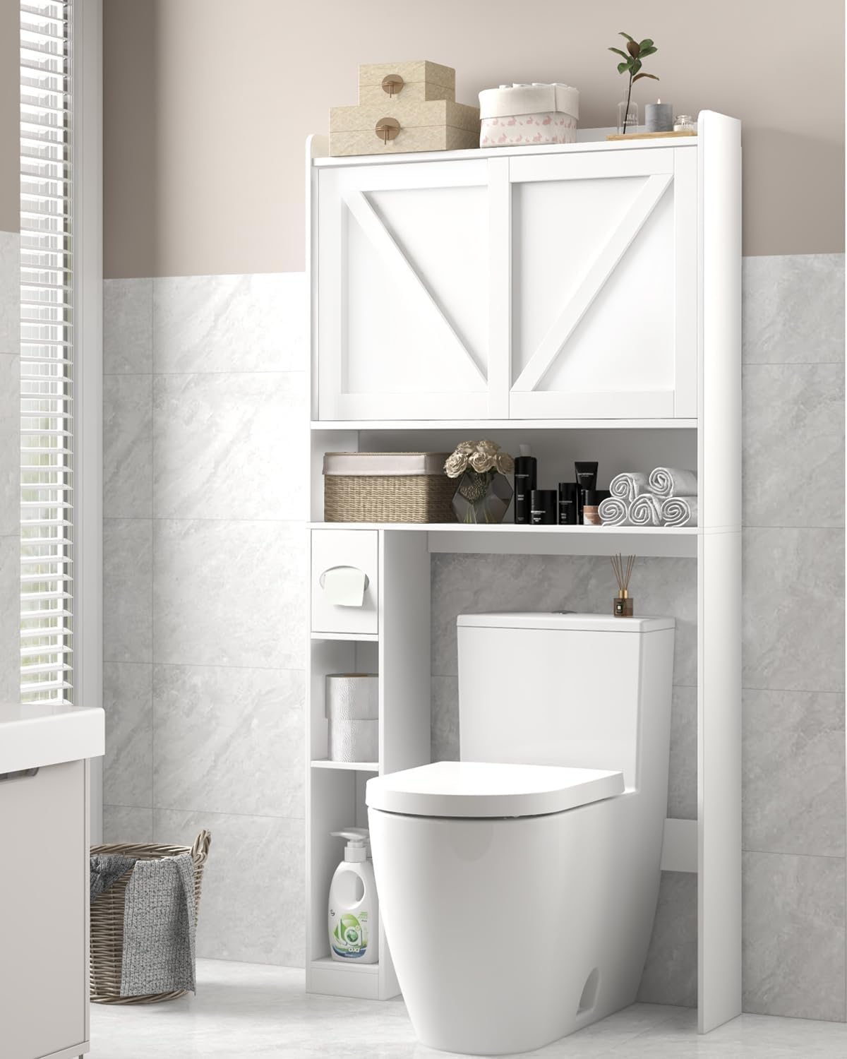 LINLUX Over The Toilet Storage Cabinet, Farmhouse Storage Cabinet Over Toilet with 2 Sliding Doors, Home Space-Saving Toilet Rack for Bathroom, Laundry, White