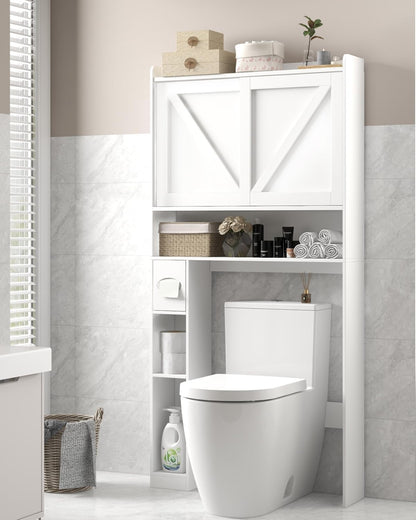 LINLUX Over The Toilet Storage Cabinet, Farmhouse Storage Cabinet Over Toilet with 2 Sliding Doors, Home Space-Saving Toilet Rack for Bathroom, Laundry, White