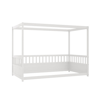 Twin Size Canopy Bed Frame with 4 Posters and Guardrails, Twin Size Montessori Floor Bed with High Fence, White Montessori Bed Twin Size