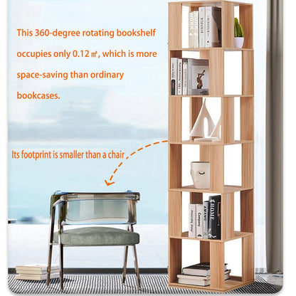 Rotating Bookshelf,6 Tier 360 Floor Standing Revolving Bookcase Storage Rack,Wood Narrow Bookshelf for Small Space,Corner Book Shelf Organizer for Bedroom, Living Room (Burlywood)