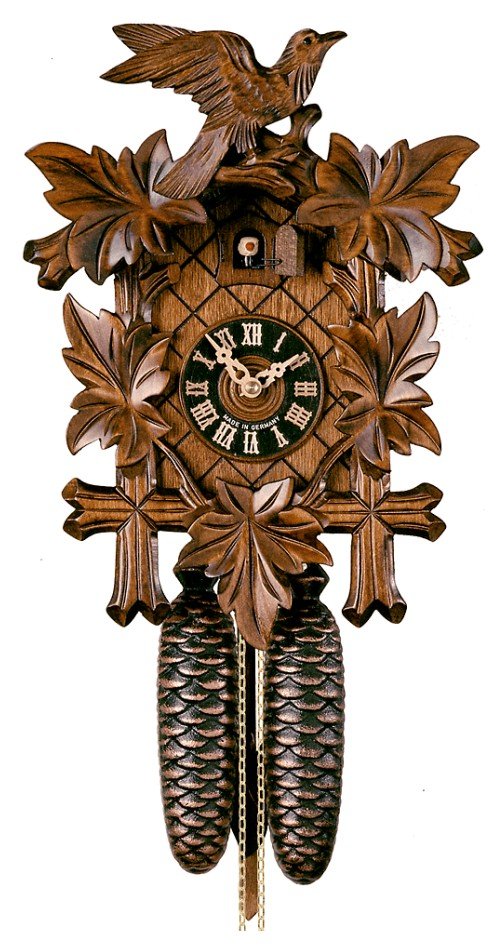 German Black Forest Cuckoo Clock with Five Leaf One Bird 13" Walnut Stain Hönes