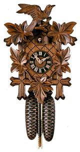 German Black Forest Cuckoo Clock with Five Leaf One Bird 13" Walnut Stain Hönes