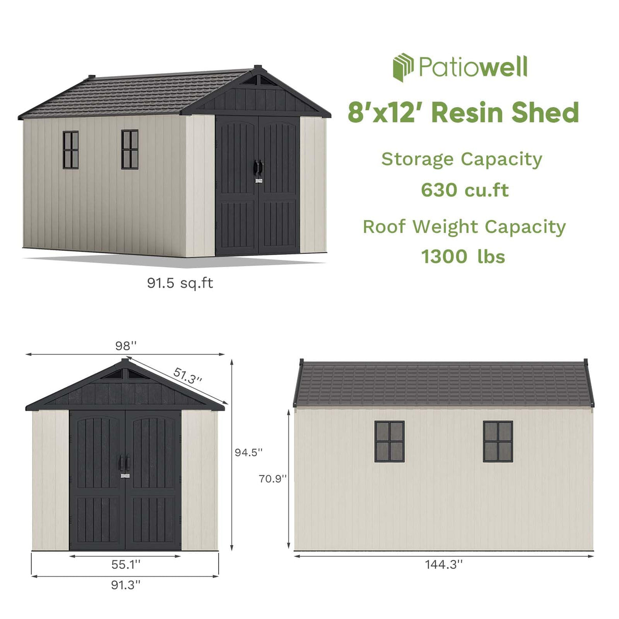 Patiowell 8 x 12 FT Plastic Outdoor Storage Shed with Floor, Resin Shed with Window and Lockable Door for Garden, Backyard, Tool Storage Use, Easy to Install in Beige (Kick-it Shed) Patiowell