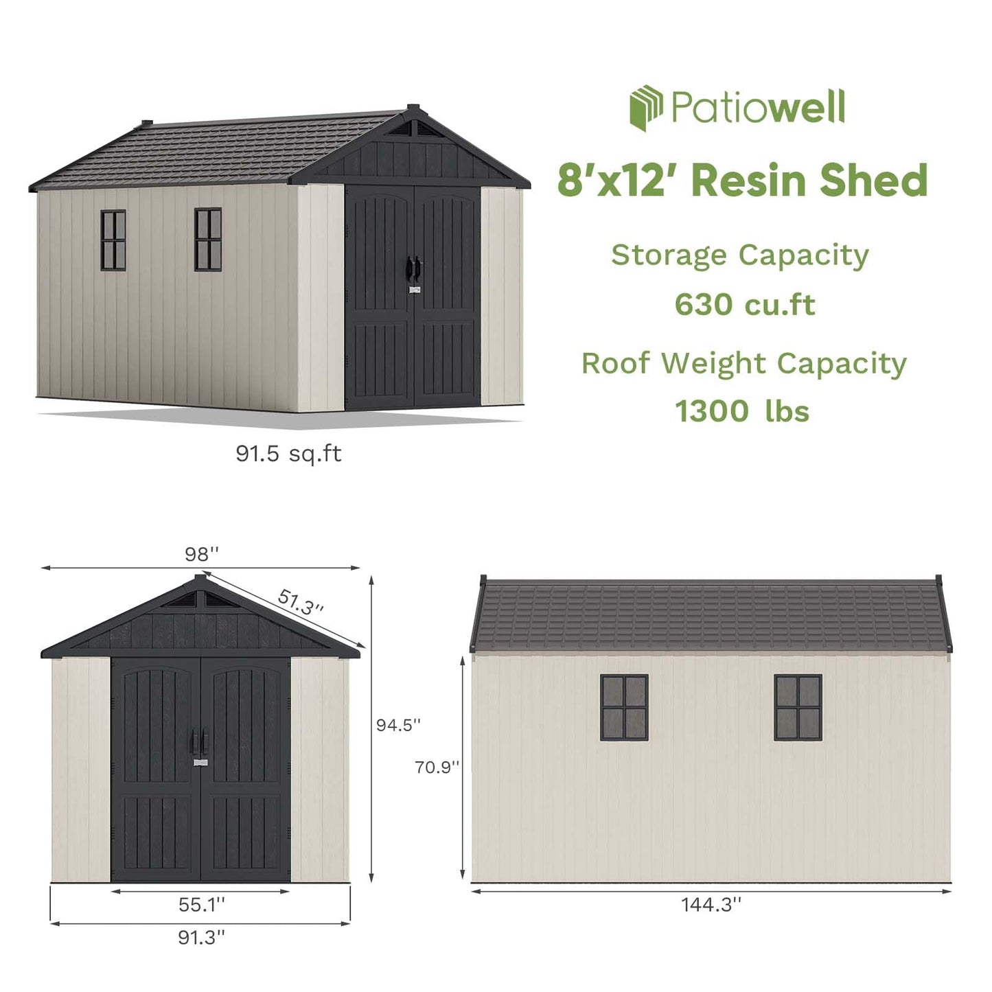 Patiowell 8 x 12 FT Plastic Outdoor Storage Shed with Floor, Resin Shed with Window and Lockable Door for Garden, Backyard, Tool Storage Use, Easy to Install in Beige (Kick-it Shed) - WoodArtSupply