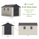 Patiowell 8 x 12 FT Plastic Outdoor Storage Shed with Floor, Resin Shed with Window and Lockable Door for Garden, Backyard, Tool Storage Use, Easy to Install in Beige (Kick-it Shed) Patiowell