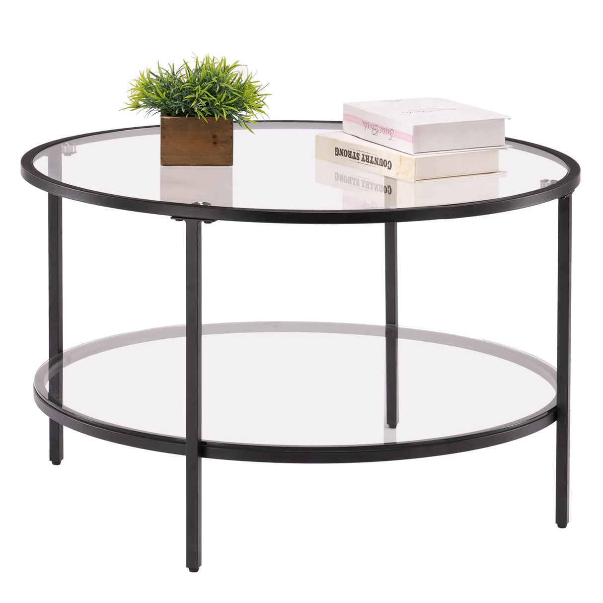 VINGLI Glass Coffee Table,30" Round Coffee Table Black Coffee Tables for Living Room, 2-Tier Clear Glass Top Side Table with Storage. Simple & Modern Center Table Mesa de Centro para Sala VINGLI