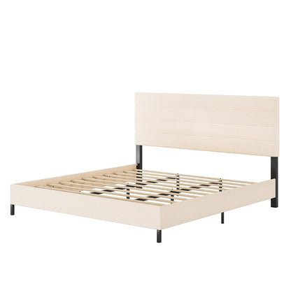 Furnihome Modern King Bed Frame with Adjustable Linen Headboard and Wooden Slats in Beige - WoodArtSupply