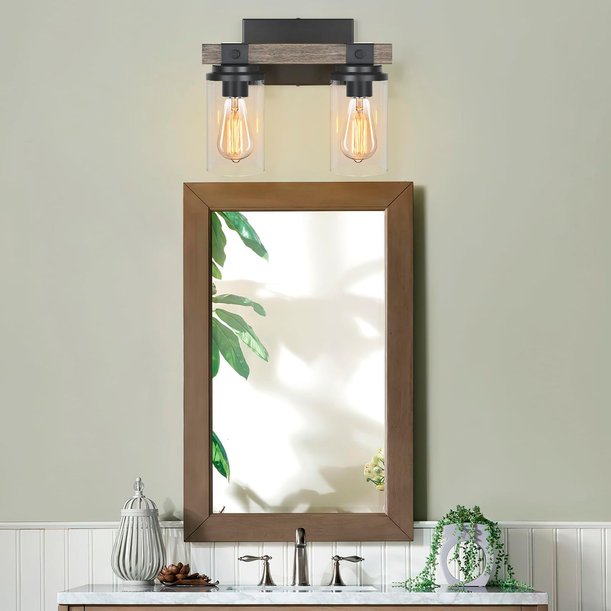 Farmhouse Bathroom Light Fixture Wood Black Vanity Lighting 2-Light Wooden Wall Sconce Industrial Rustic Wall Light Fixtures Over Mirror with Clear Glass Shade for Bathroom Hallway Kitchen Bedroom GoYeel