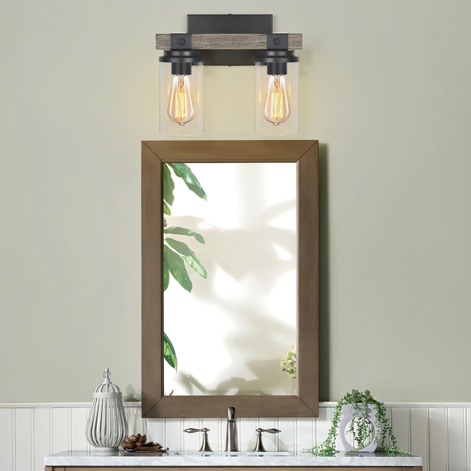 Farmhouse Bathroom Light Fixture Wood Black Vanity Lighting 2-Light Wooden Wall Sconce Industrial Rustic Wall Light Fixtures Over Mirror with Clear Glass Shade for Bathroom Hallway Kitchen Be - WoodArtSupply