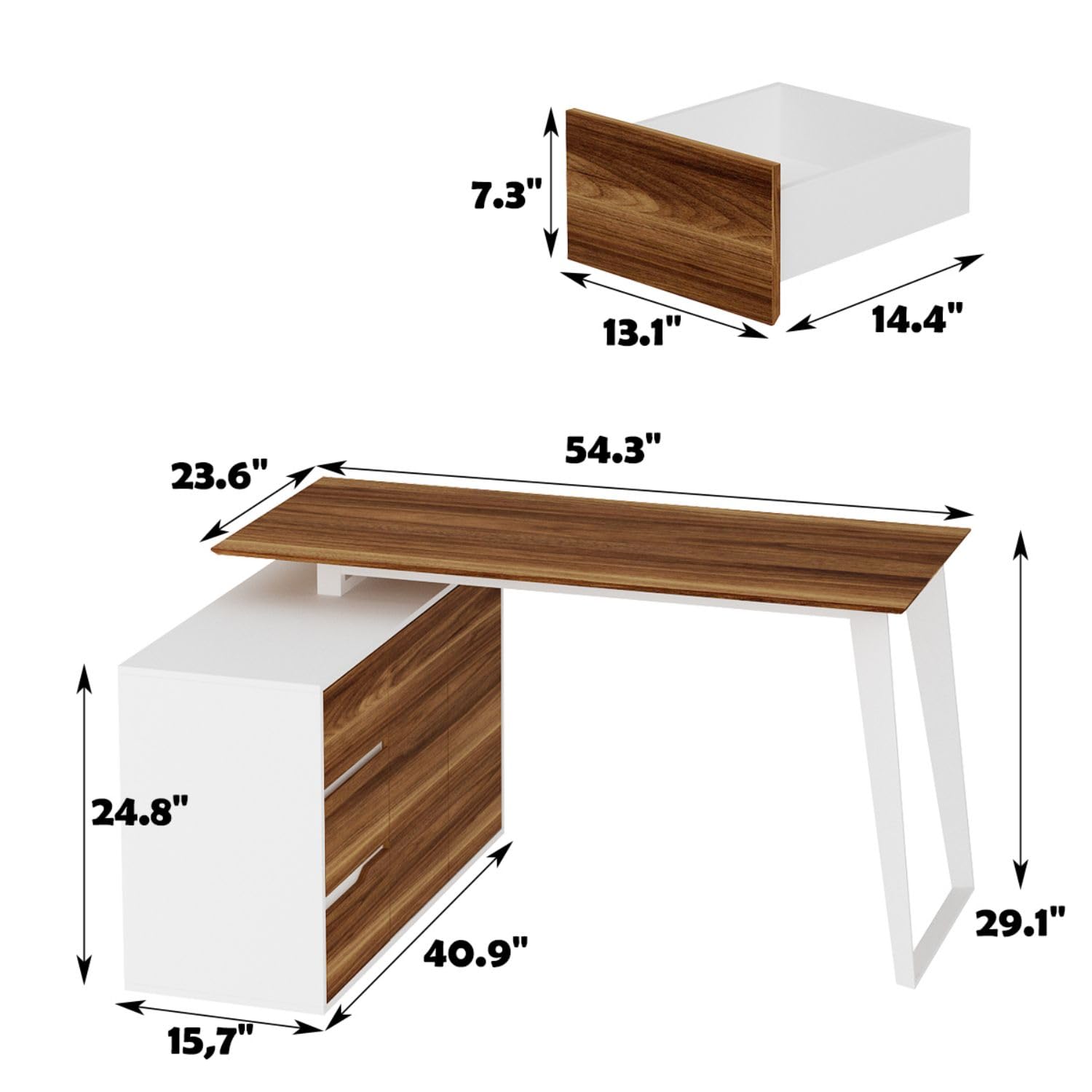 MOUMON Corner Desk Office Desk with Drawers & Pop-Up Doors, Farmhouse Style, L-Shaped Desk with Adjustable Shelves, Executive Desk Walnut and White (54.3”W x 40.9”D x 29.1”H) - WoodArtSupply