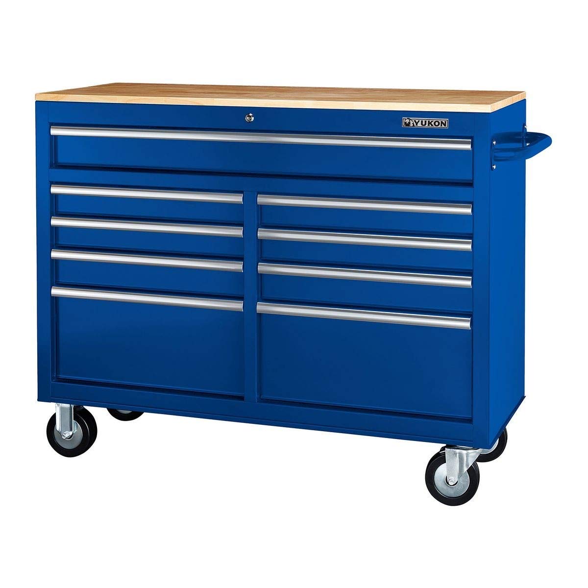 46 In. 9-Drawer Mobile Storage Cabinet With Solid Wood Top - Blue Workbench - WoodArtSupply