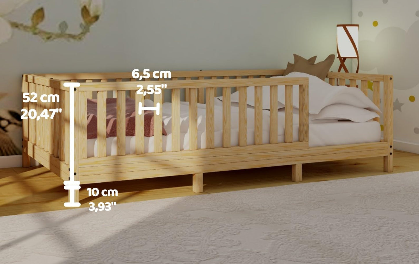 Montessori Floor Bed Designed with Open Front for Girls and Boys | Pine Wood Natural Solid Frame Bed Footed Model with Slats | Sturdy Designed Floor Bed Frame for Kids (Crib, Height : 23 Inch - WoodArtSupply