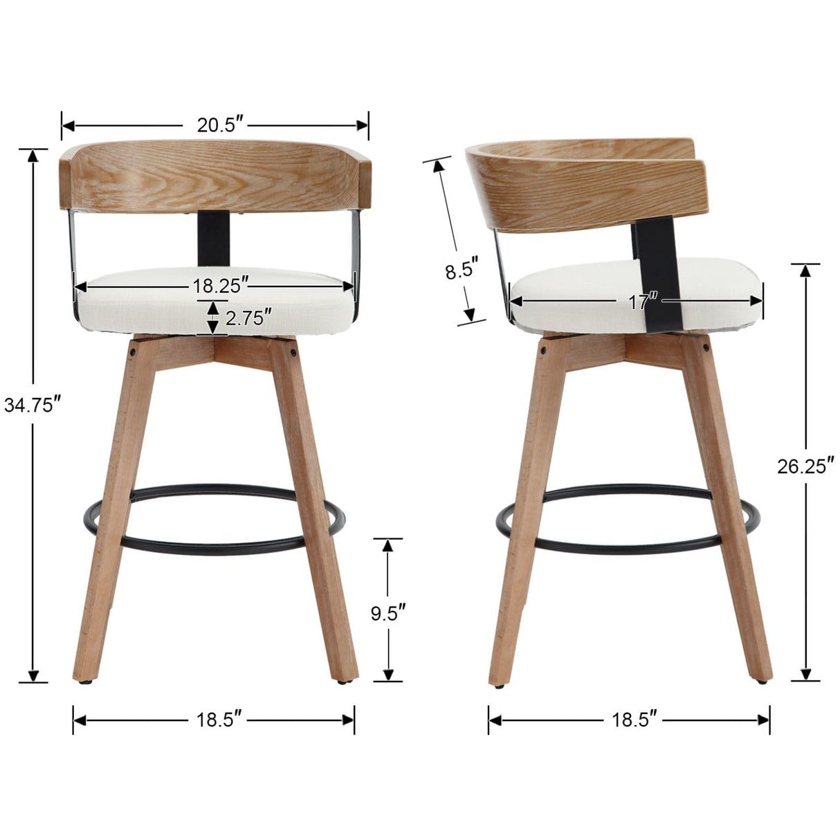DUOMAY Swivel Bar Stools Set of 2-26" Counter Height Bar Stool with Footrest - Modern Wood Barstools with Linen Upholstered Seat - 360-Degree Swivel Stool for Kitchen Island Home Bar - White DUOMAY