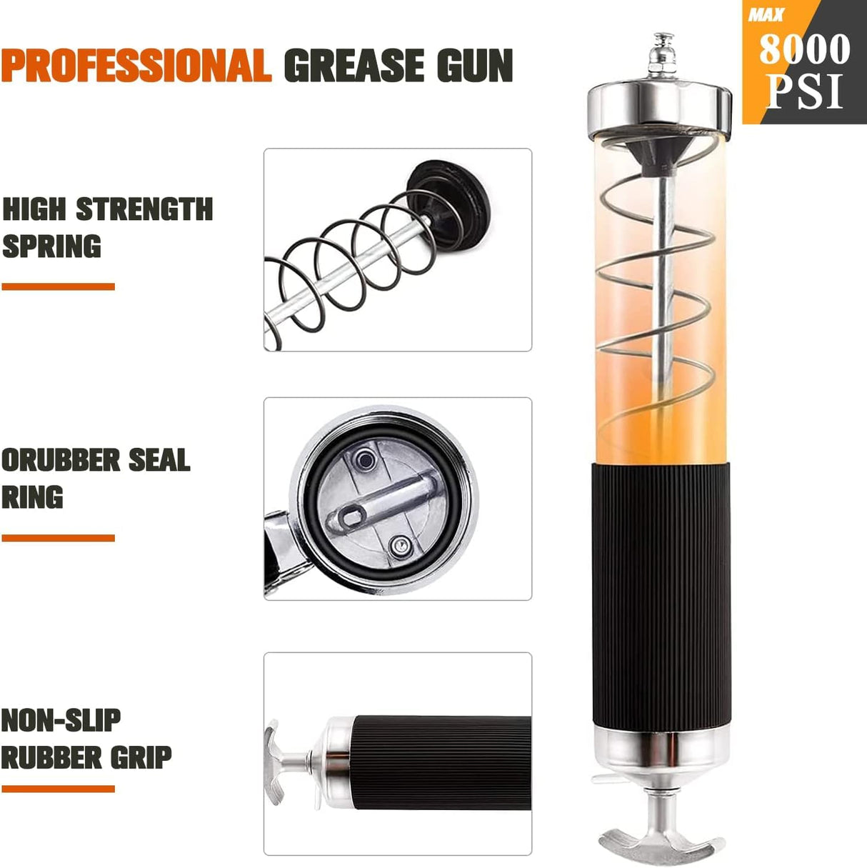 Grease Gun with Quick Release Coupler, 8000 PSI Heavy Duty Pistol Grip Grease Gun Kit, 14 oz Load, 18 Inch Spring Flex Hose, 2 Grease Couplers, 2 Extension Rigid Pipes and 1 Sharp Easy Operation HANTUO
