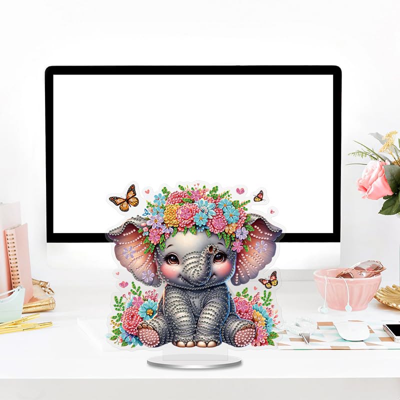 Elephant with Butterflies and Flowers Diamond Painting Desktop Ornament Kit, 5D DIY Acrylic Crystal Special Shaped Tabletop Diamond Art Home Decor for Adult (ZS15) Generic