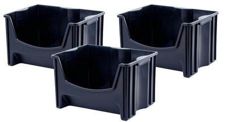 Mighty Tuff Jumbo Stackable Storage Bins, Pack of 3, Easy-Access Storage, Large Easy-To-Grip Handles, Wide Front Opening, Interlocking, Stack Vertically, Black Mighty Tuff