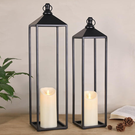 22'' 19'' Large Lanterns Decorative Outdoor Indoor, Set of 2 Black Metal Candle Lanterns Halloween Lanterns Modern Farmhouse Floor Lanterns Decorative for Home Decor, Mantle, Patio, Porch, Garden MATAHUM