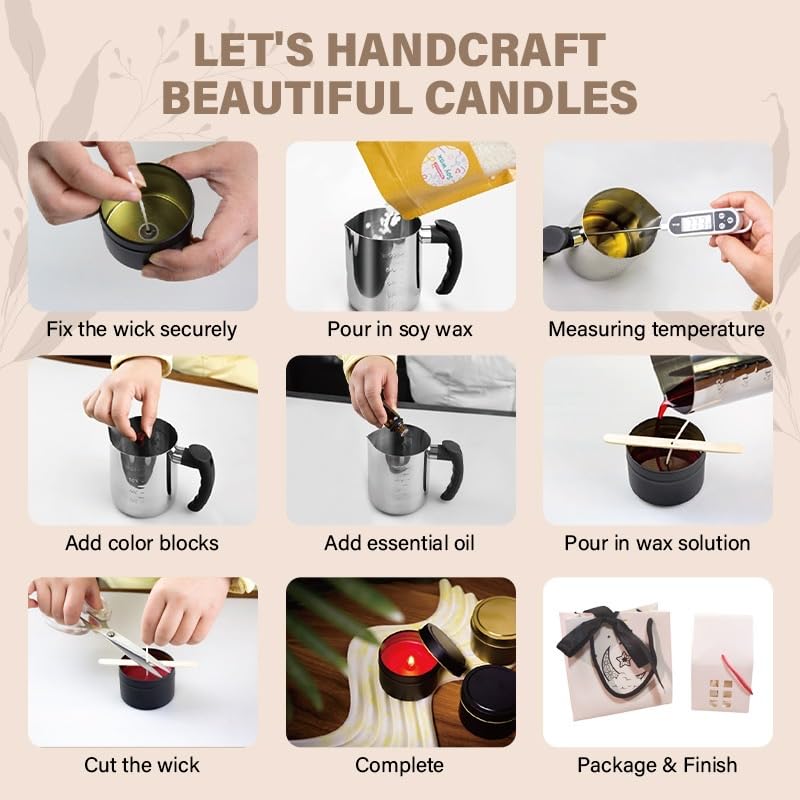 WAYONE LLC Candle Making Kit - DIY Starter Soy Candle Making Supplies Kit - Soy Wax, Full Set - 1 Jars & 6 Tins, 5 Pleasant Scents, Color Dyes & More, Perfect Candle Making Kit for Adults WAYONE LLC