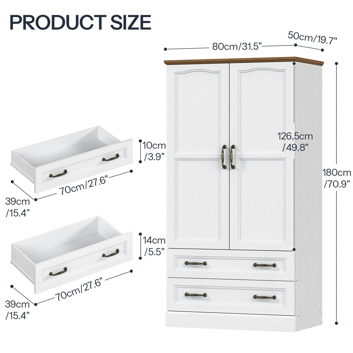 HOOBRO Armoire Wardrobe Closet with 2 Doors and 2 Drawers, 70.9" Tall Bedroom Armoire with Hanging Rod, Farmhouse Wardrobe Closet for Bedroom, Freestanding Clothing Storage Cabinet, White and Walnut HOOBRO
