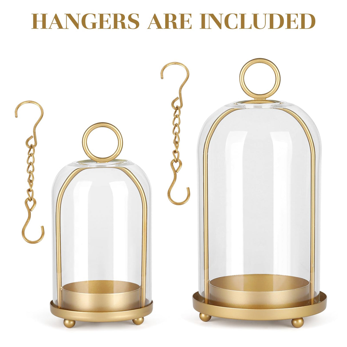 Versatile Metal Candle Holder Set with Handmade Glass Dome,Antique Brass Pillar Candle Stand, 5.2" & 4.1" Wide for Tabletop or Hanging, Industrial & Farmhouse Decor SHOHAYTO