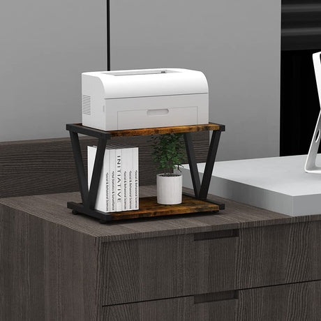 VEDECASA Retro Desktop Printer Stand 2 Tiers Under Desk Wood Printer Shelf Rustic Industrial Farmhouse Wood Storage Book Shelf Table Organizer for Home Office Stylish Sturdy V Shaped (Rustic Brown) VEDECASA