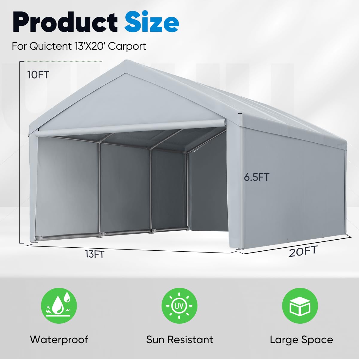 Quictent 13’x20’ Heavy Duty Carport Car Canopy Galvanized Car Boat Shelter with Removable Sidewalls, Reinforced Top Poles and Ground Bar-Grey - WoodArtSupply