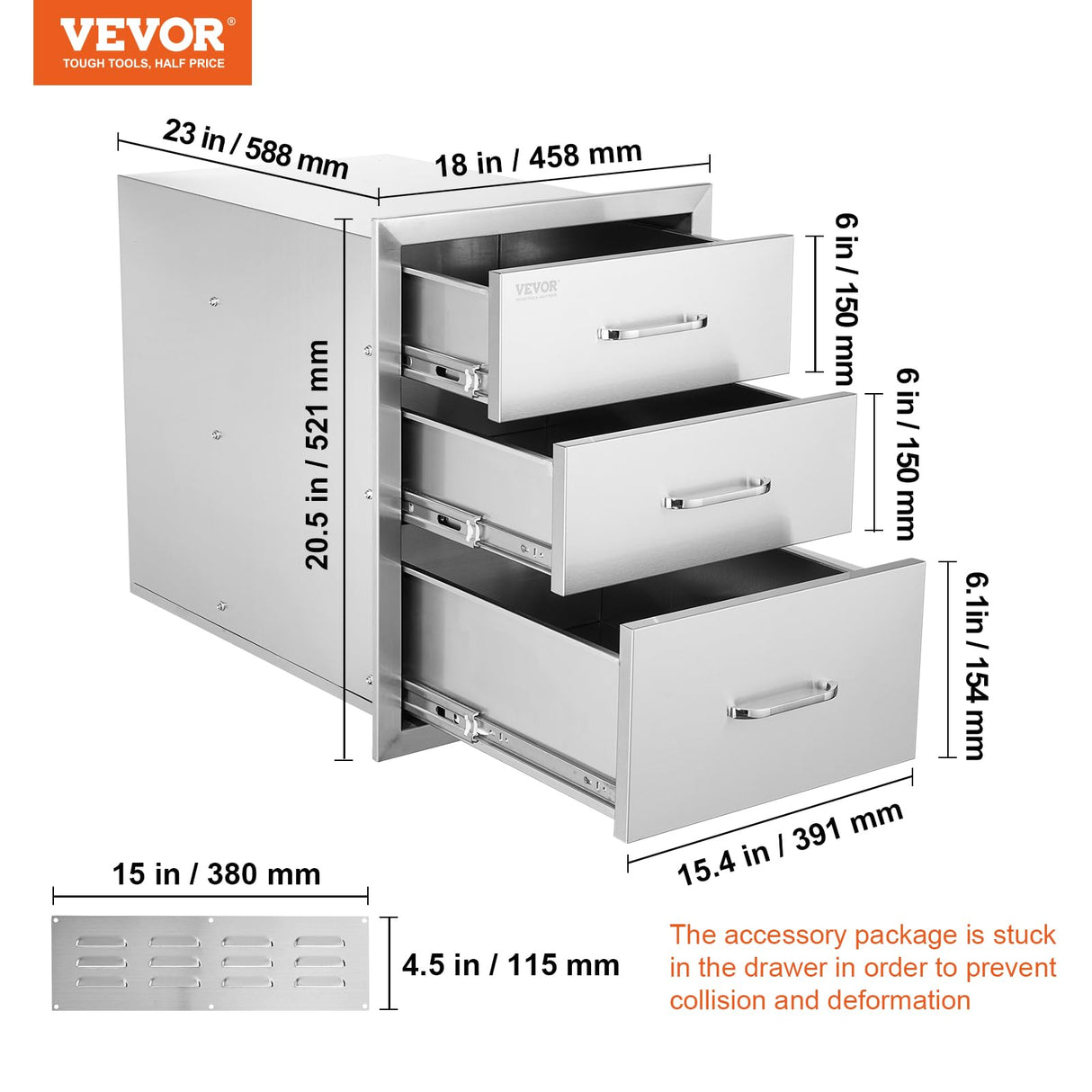 VEVOR 18x23 Inch Outdoor Kitchen Stainless Steel Triple Access BBQ Drawers with Chrome Handle, 18"W x 20.5"H x 23"D VEVOR