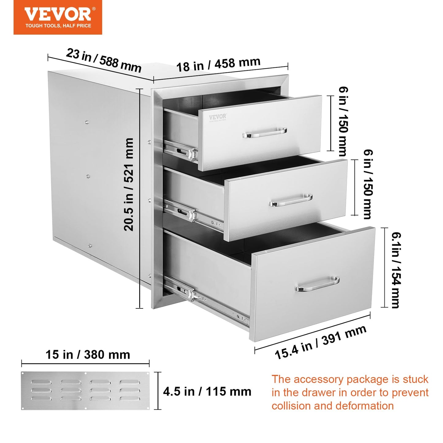 VEVOR 18x23 Inch Outdoor Kitchen Stainless Steel Triple Access BBQ Drawers with Chrome Handle, 18"W x 20.5"H x 23"D