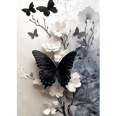 Black Butterfly 5D Diamond Painting Kits for Adults, Diamond Art Kit for White Flowers,DIY Full Round Drill Diamond Gem Art and Crafts Home Wall Decor 12 x 16 inch