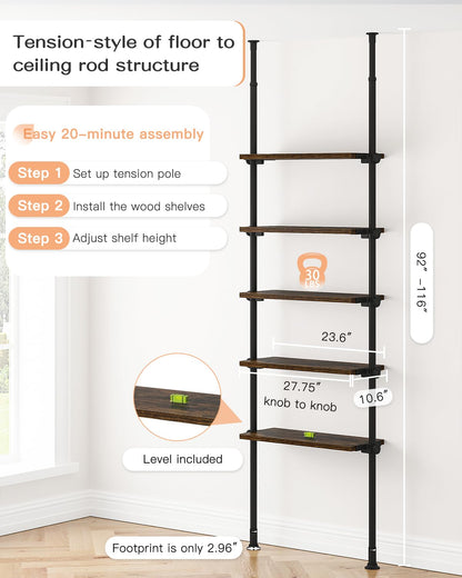 ALLZONE Rustic Brown 5-Tier Adjustable Ladder Bookshelf with Floor-to-Ceiling Tension Mount - WoodArtSupply