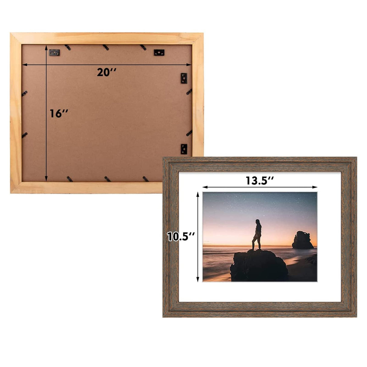 Golden State Art, 16x20 Picture Frame - Displays 11x14 Photo with Mat or 16x20 Without Mat, Wide Moulding Solid Wood Frame for Wall Display, Distressed Brown Golden State Art