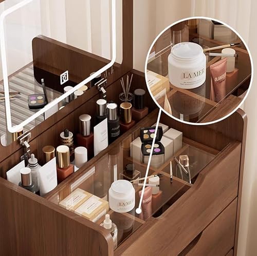 Videvik 3 in 1 Vanity Desk with Plip Top Mirror and Lights, 18.9" Small Make Up Vanity Set with Visible Glass Desktop,Compact Makeup Vanity with 3 Drawers,Dressing Table for Bedroom,Walnut Videvik